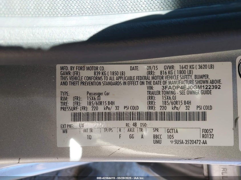 2016 FORD FIESTA VIN: 3FADP4EJ0GM122392