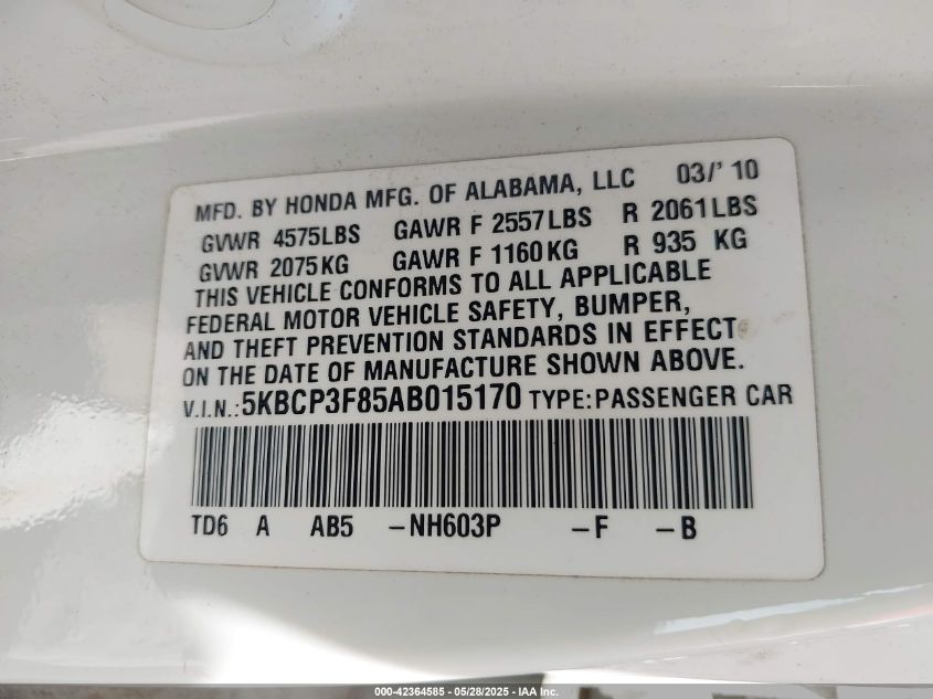 2010 Honda Accord 3.5 Ex-L VIN: 5KBCP3F85AB015170 Lot: 42364585