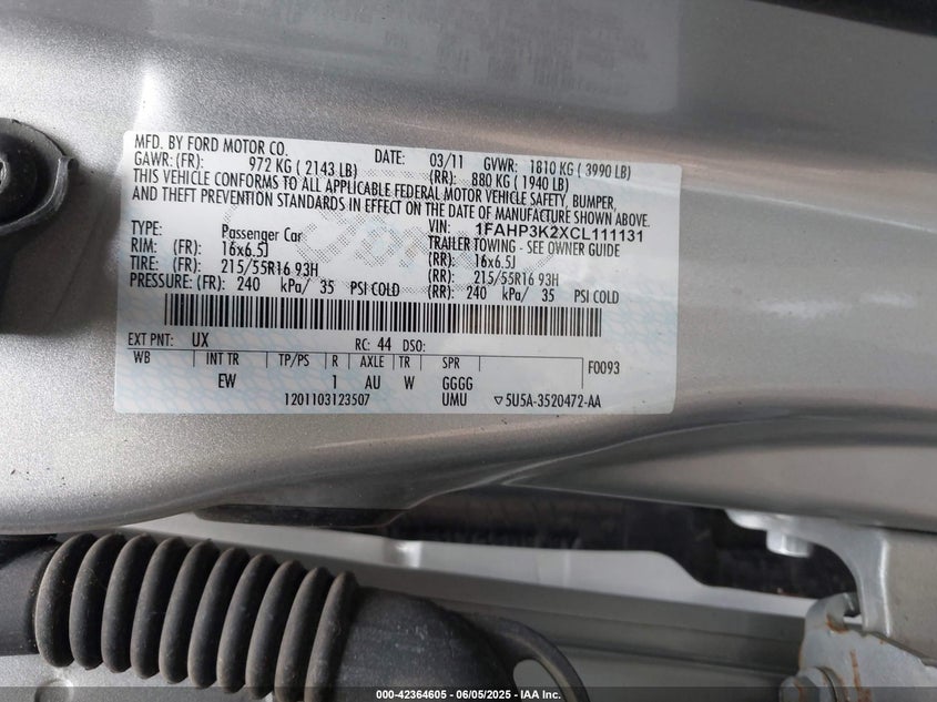 2012 FORD FOCUS VIN: 1FAHP3K2XCL111131