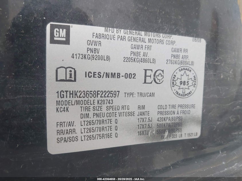 2008 GMC SIERRA VIN: 1GTHK23658F222597
