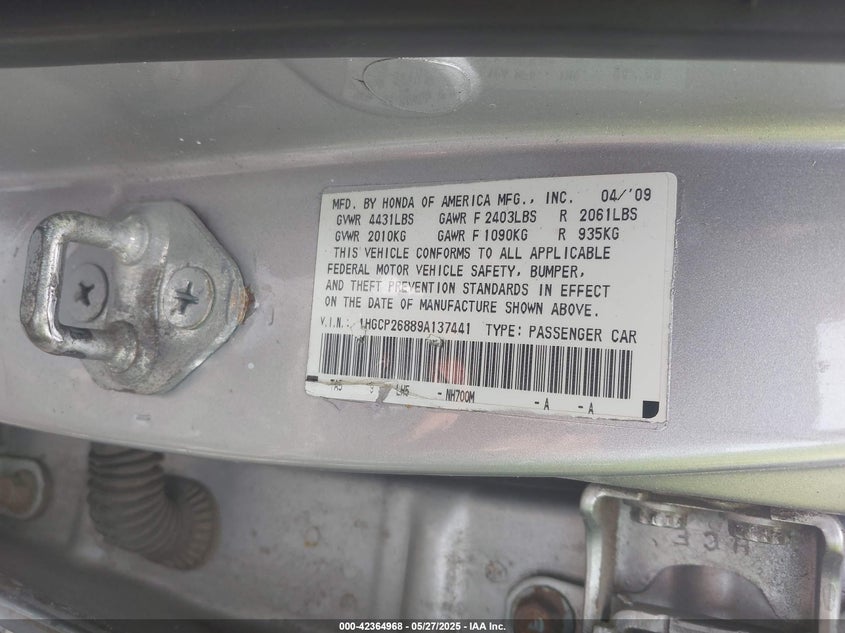 2009 HONDA ACCORD VIN: 1HGCP26889A137441
