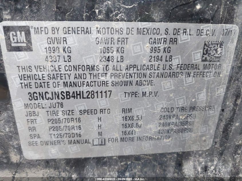 2017 Chevrolet Trax Ls VIN: 3GNCJNSB4HL281117 Lot: 42365023