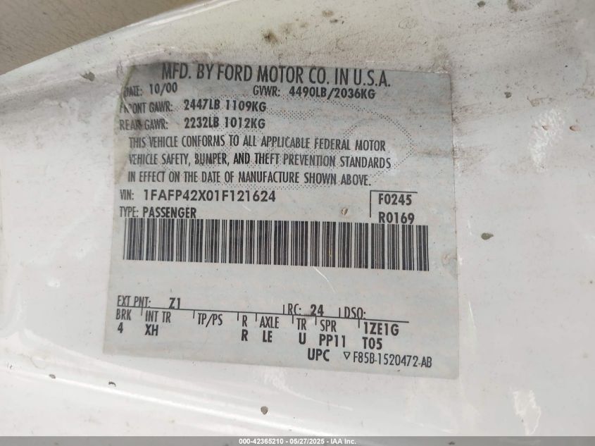 2001 Ford Mustang Gt VIN: 1FAFP42X01F121624 Lot: 42365210