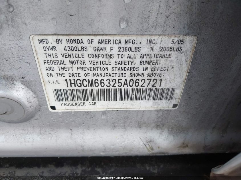 2005 Honda Accord 3.0 Lx VIN: 1HGCM66325A062721 Lot: 42365217
