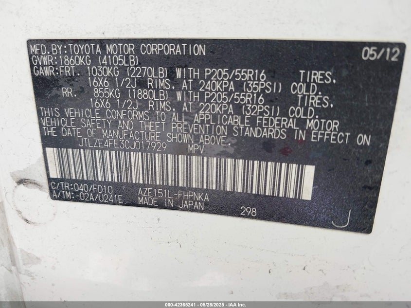 2012 SCION XB VIN: JTLZE4FE3CJ017929
