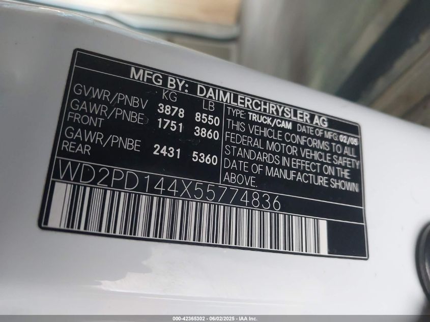 2005 Dodge Sprinter Van 2500 Hc VIN: WD2PD144X55774836 Lot: 42365302