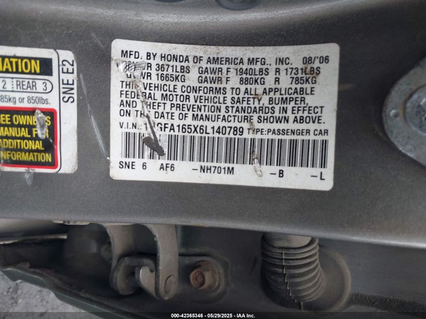 2006 Honda Civic Lx VIN: 1HGFA165X6L140789 Lot: 42365346