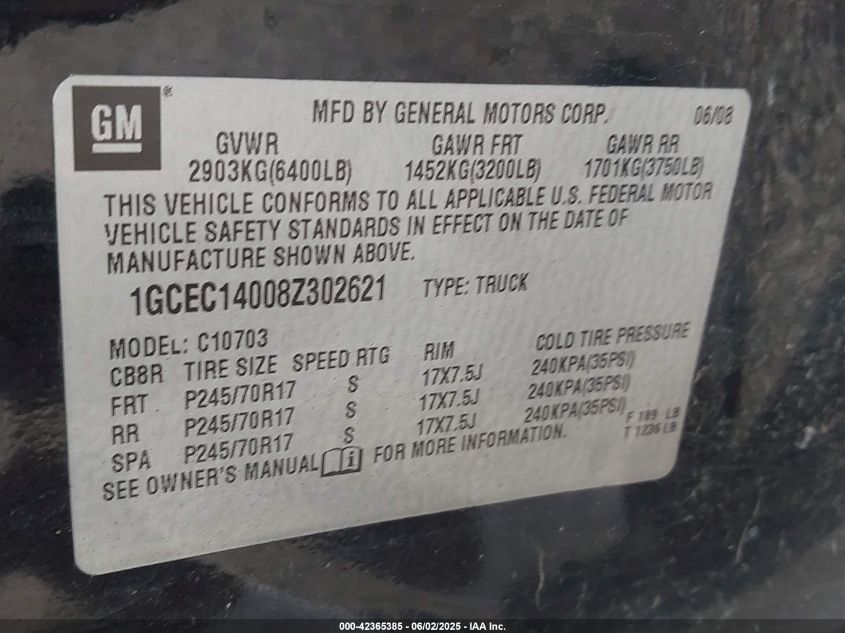 2008 Chevrolet Silverado 1500 Lt1 VIN: 1GCEC14008Z302621 Lot: 42365385