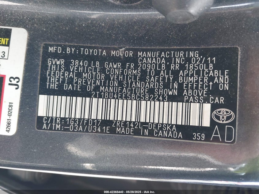 2011 TOYOTA COROLLA VIN: 2T1BU4EE5BC582243