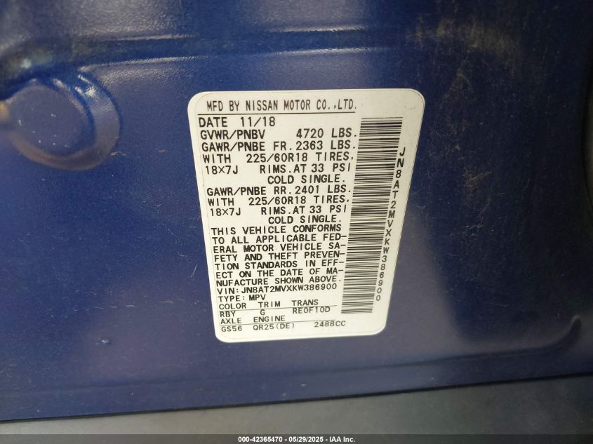 2019 Nissan Rogue Sv VIN: JN8AT2MVXKW386900 Lot: 42365470