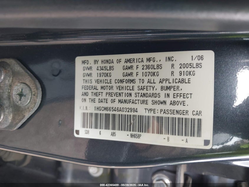 2006 HONDA ACCORD VIN: 1HGCM66546A032994