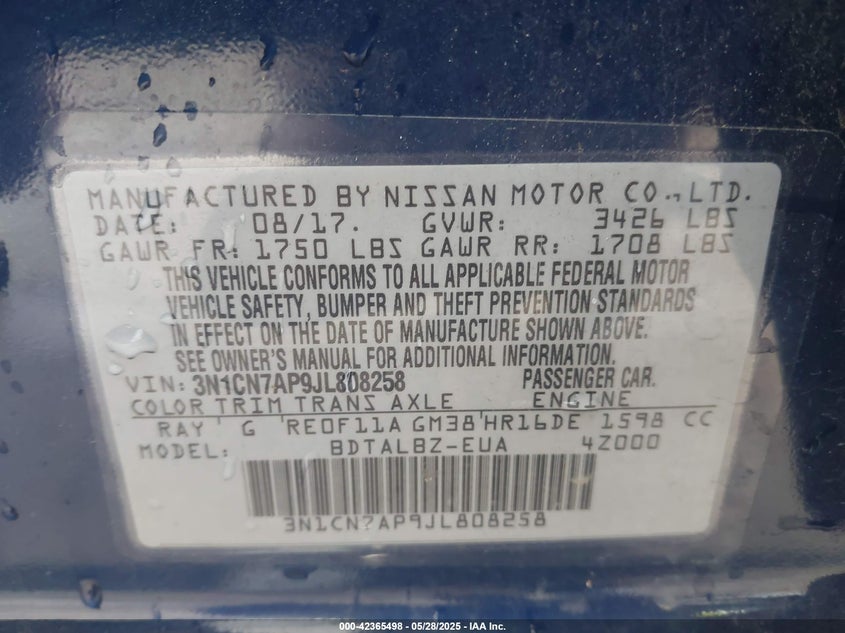 2018 NISSAN VERSA SEDAN VIN: 3N1CN7AP9JL808258
