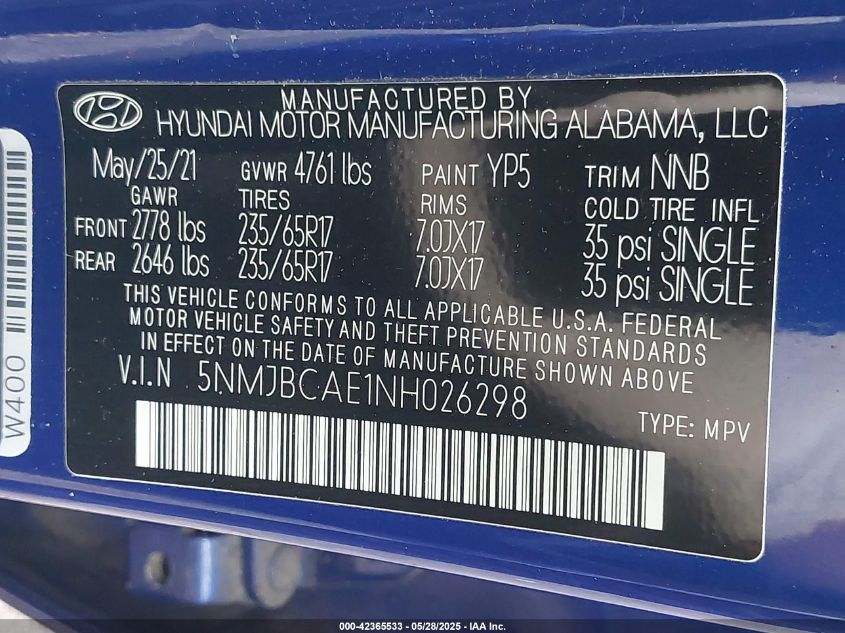 2022 Hyundai Tucson Sel VIN: 5NMJBCAE1NH026298 Lot: 42365533