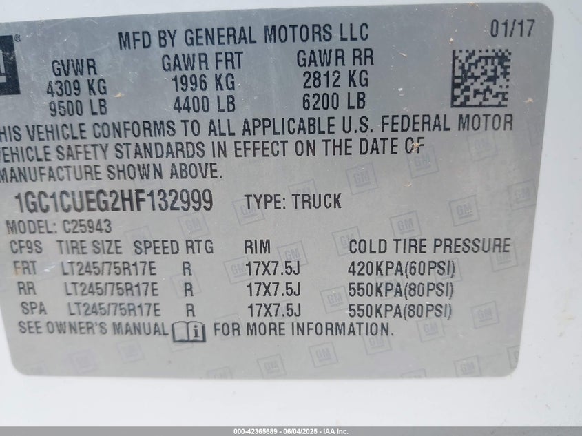 2017 CHEVROLET SILVERADO 2500HD VIN: 1GC1CUEG2HF132999