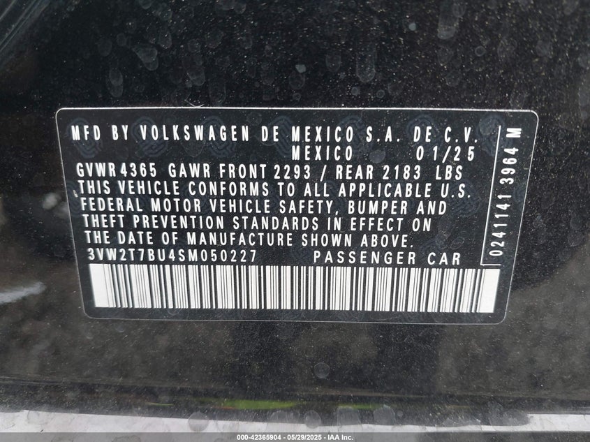 2025 VOLKSWAGEN JETTA GLI 2.0L I-4 DI, DOHC, V(VIN: 3VW2T7BU4SM050227