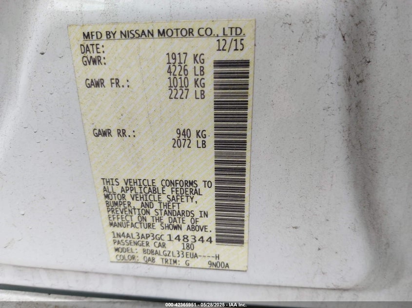 2016 NISSAN ALTIMA VIN: 1N4AL3AP3GC148344