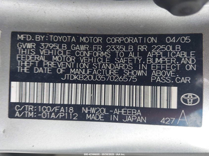 2005 Toyota Prius VIN: JTDKB20U357026575 Lot: 42366005
