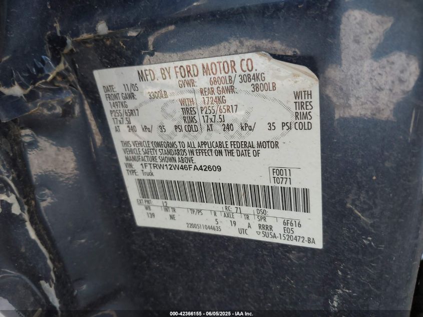 2006 Ford F-150 Xlt VIN: 1FTRW12W46FA42609 Lot: 42366155