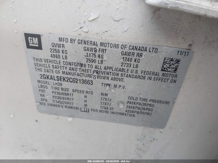 2012 GMC Terrain Sle-2 VIN: 2GKALSEK2C6213663 Lot: 42366192