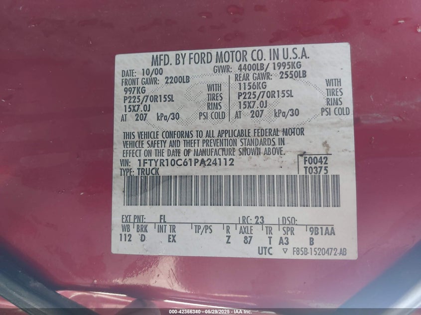 2001 Ford Ranger Xl/Xlt VIN: 1FTYR10C61PA24112 Lot: 42366340