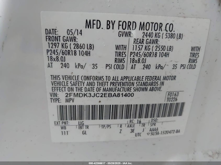 2014 FORD EDGE VIN: 2FMDK3JC2EBA81400