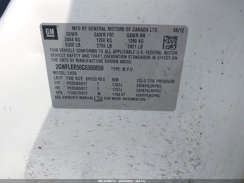 2012 CHEVROLET EQUINOX VIN: 2GNFLEE56C6380659
