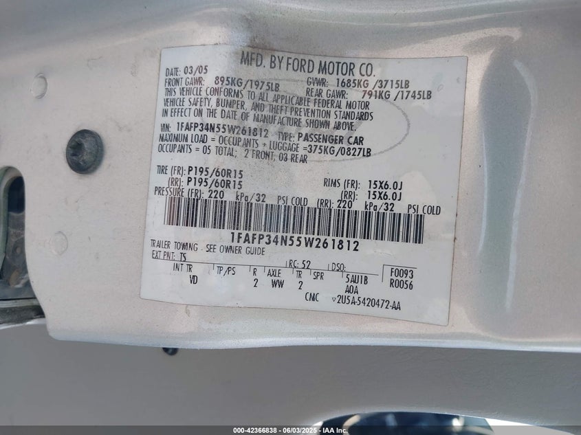 2005 Ford Focus Zx4 VIN: 1FAFP34N55W261812 Lot: 42366838