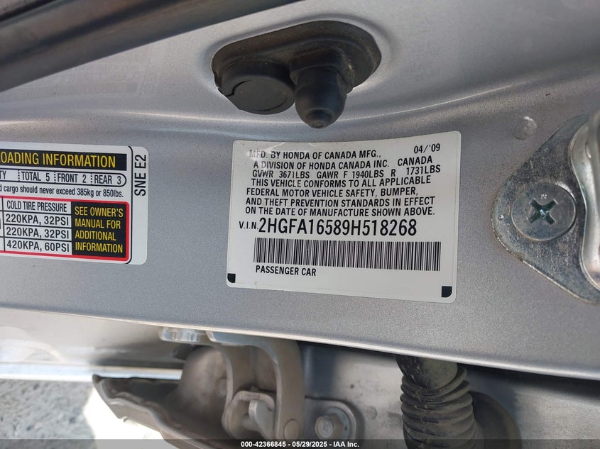 2009 Honda Civic Lx VIN: 2HGFA16589H518268 Lot: 42366845