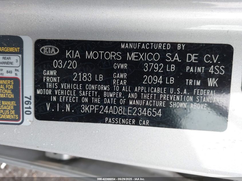2020 Kia Forte Lxs VIN: 3KPF24AD8LE234654 Lot: 42366854