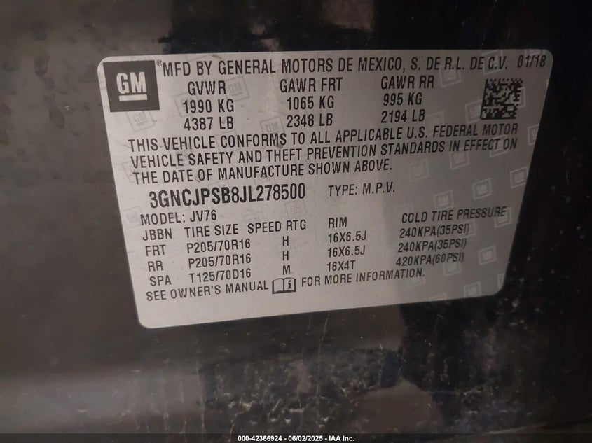 2018 CHEVROLET TRAX LT - 3GNCJPSB8JL278500