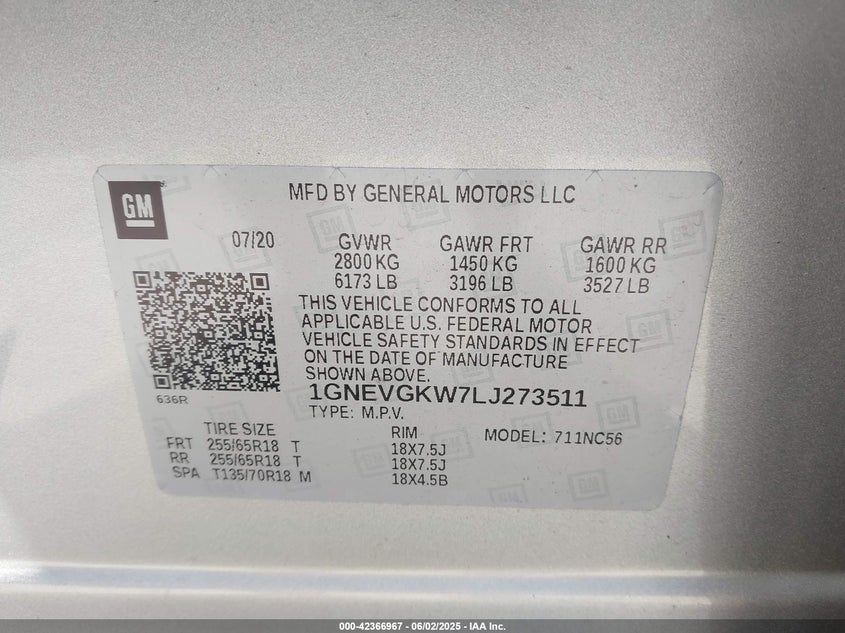 2020 CHEVROLET TRAVERSE VIN: 1GNEVGKW7LJ273511