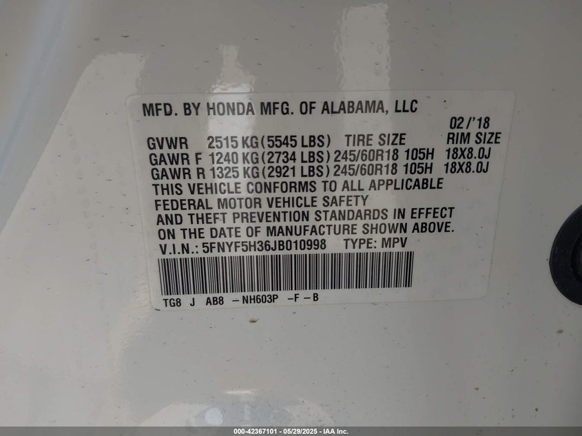 2018 HONDA PILOT VIN: 5FNYF5H36JB010998