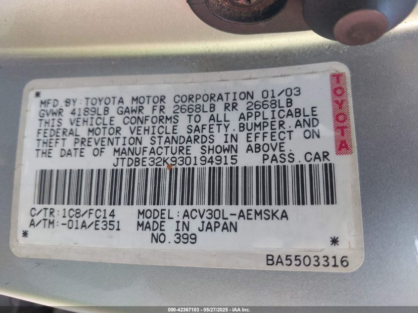 2003 Toyota Camry Se VIN: JTDBE32K930194915 Lot: 42367103