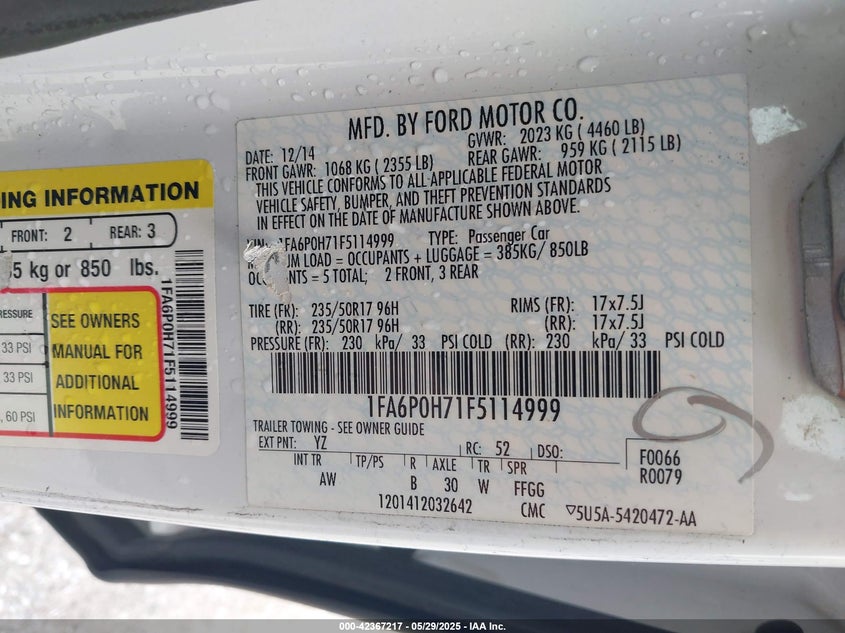 2015 FORD FUSION VIN: 1FA6P0H71F5114999
