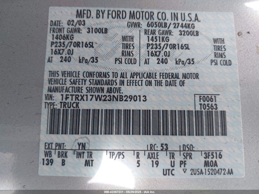 2003 Ford F-150 Lariat/Xl/Xlt VIN: 1FTRX17W23NB29013 Lot: 42367231