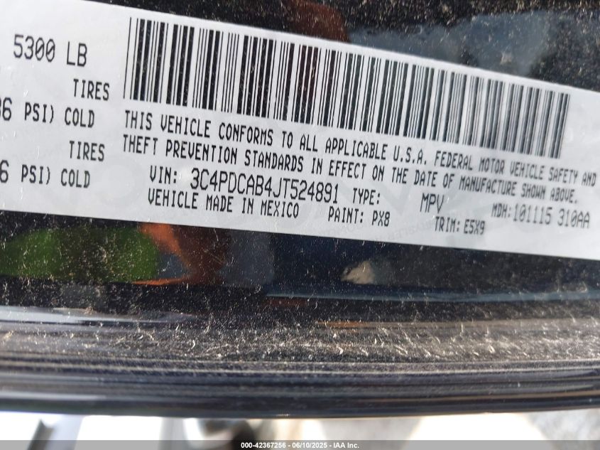 2018 Dodge Journey Se VIN: 3C4PDCAB4JT524891 Lot: 42367256