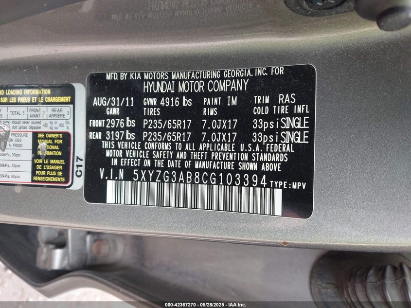 2012 HYUNDAI SANTA FE VIN: 5XYZG3AB8CG103394