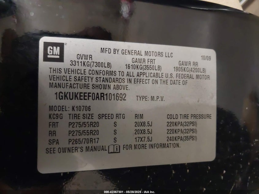 2010 GMC YUKON VIN: 1GKUKEEF0AR101692