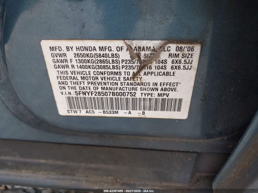 2007 Honda Pilot Ex-L VIN: 5FNYF28507B000752 Lot: 42367409