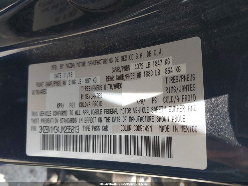 2018 MAZDA MAZDA3 VIN: 3MZBN1M34JM265813