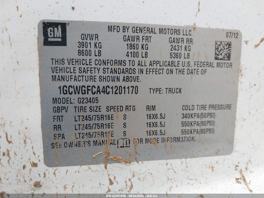 2012 Chevrolet Express 2500 Work Van VIN: 1GCWGFCA4C1201170 Lot: 42367596