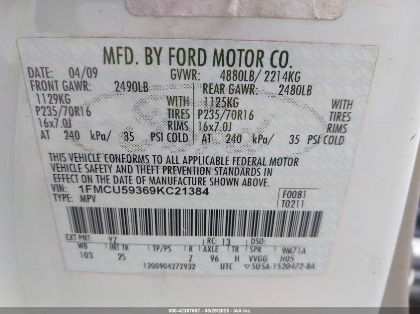 2009 FORD ESCAPE HYBRID VIN: 1FMCU59369KC21384