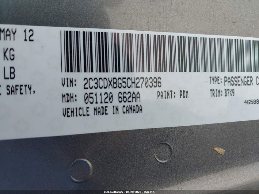 2012 DODGE CHARGER VIN: 2C3CDXBG5CH270396