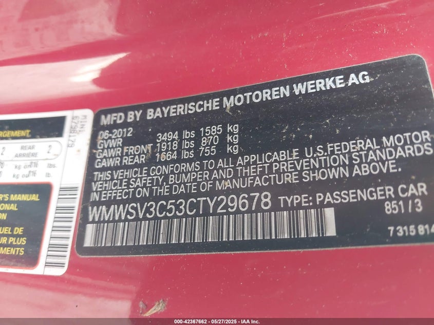 2012 MINI COOPER S VIN: WMWSV3C53CTY29678