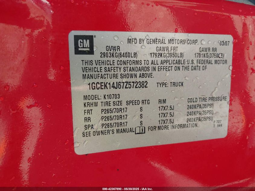 2007 Chevrolet Silverado 1500 Work Truck VIN: 1GCEK14J67Z572382 Lot: 42367890