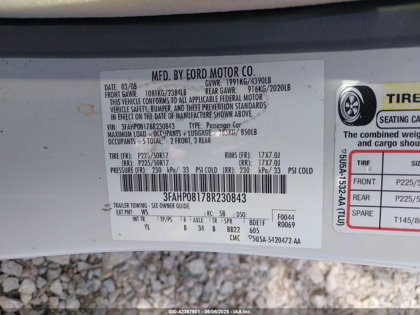 2008 FORD FUSION VIN: 3FAHP08178R230843