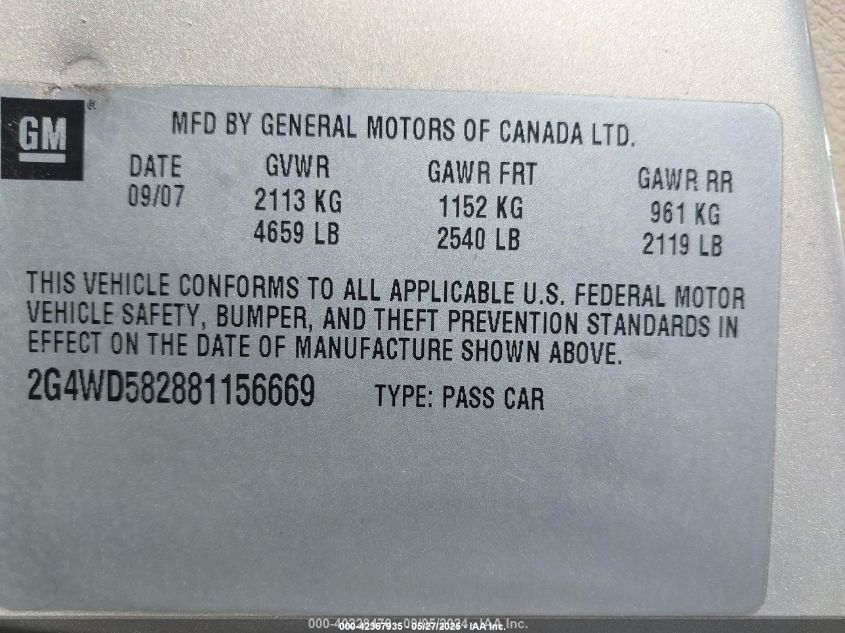 2008 Buick Lacrosse Cxl VIN: 2G4WD582881156669 Lot: 42367935