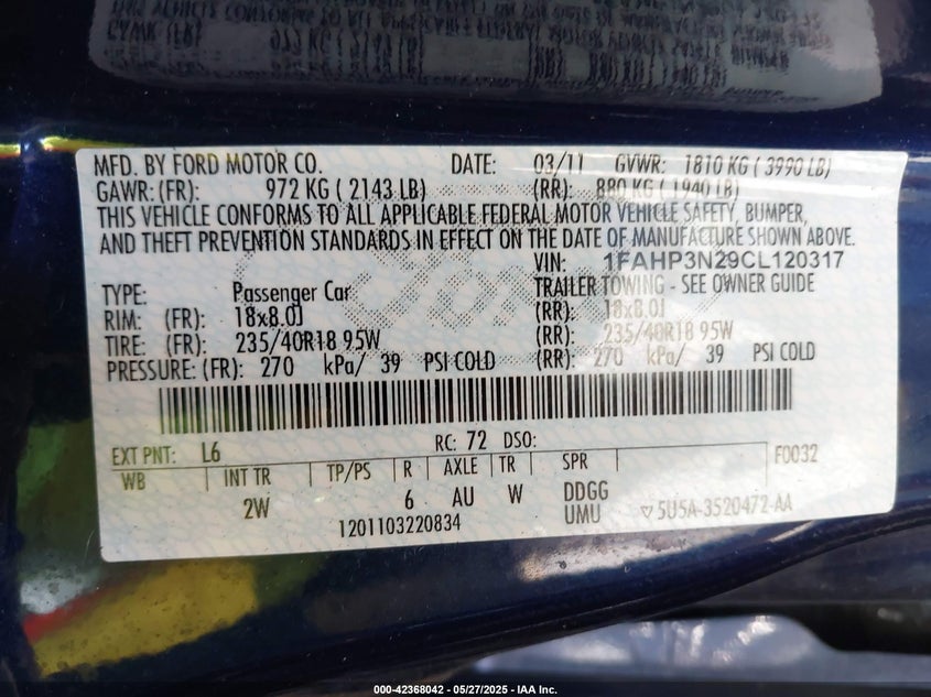 2012 FORD FOCUS VIN: 1FAHP3N29CL120317