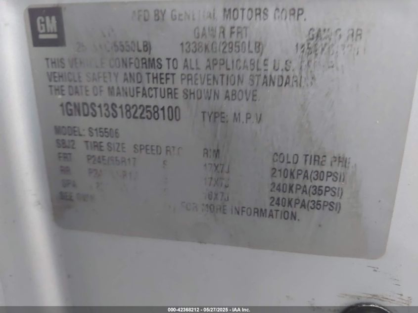 2008 Chevrolet Trailblazer Fleet VIN: 1GNDS13S182258100 Lot: 43433789