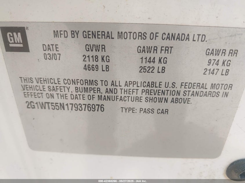 2007 CHEVROLET IMPALA VIN: 2G1WT55N179376976